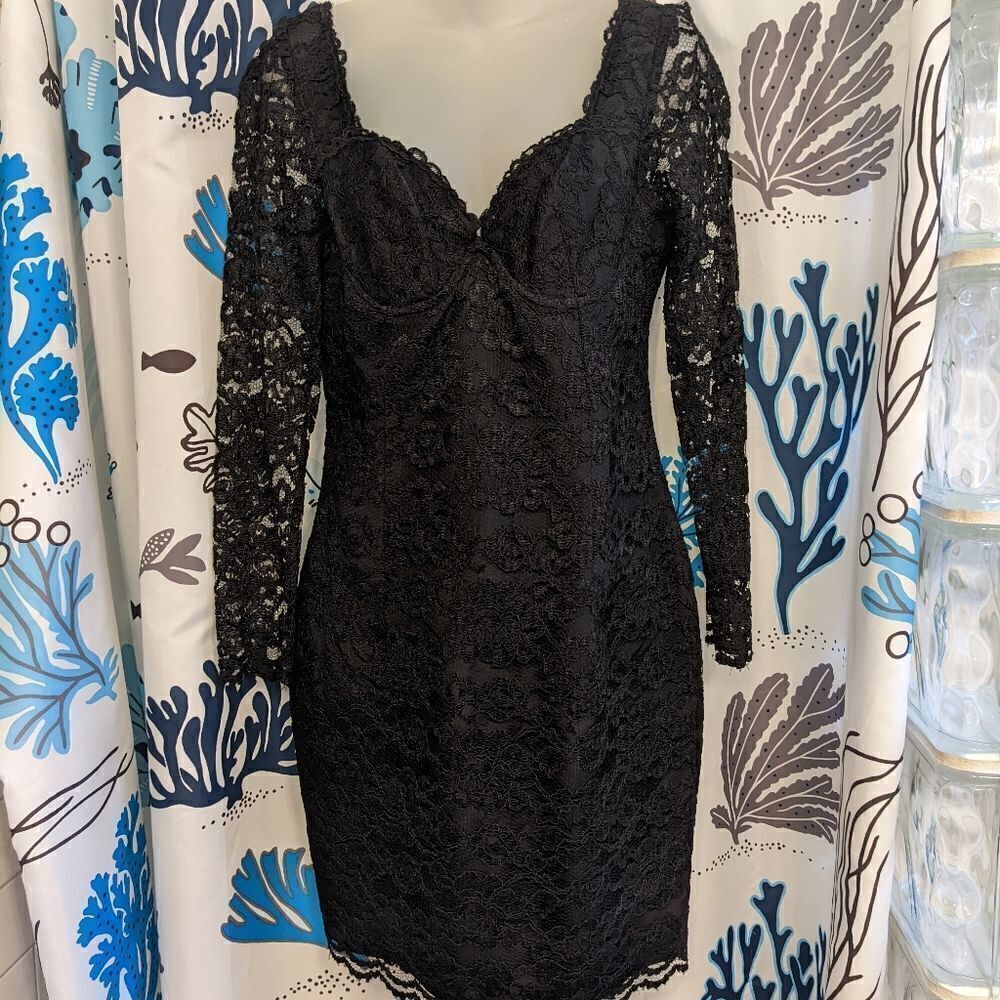 VTG 90s Black Lace Cocktail Mini Dress by Moda International Size 6